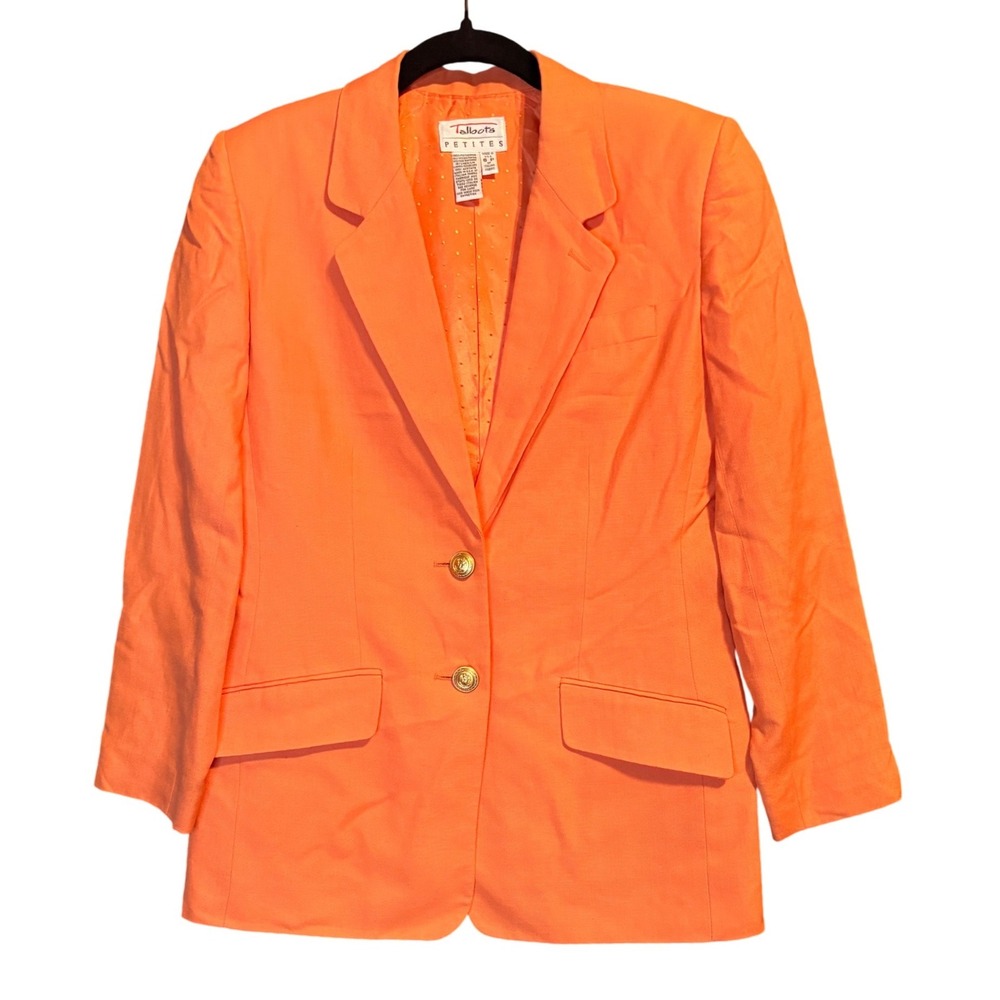 Talbots Petites Coral Orange Linen Blend Blazer Gold Crest Buttons Size 6P